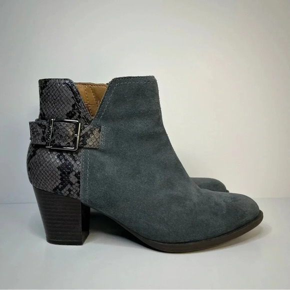Vionic Gray Suede Ankle Boots with Snakeskin Accent - Picture 1 of 12